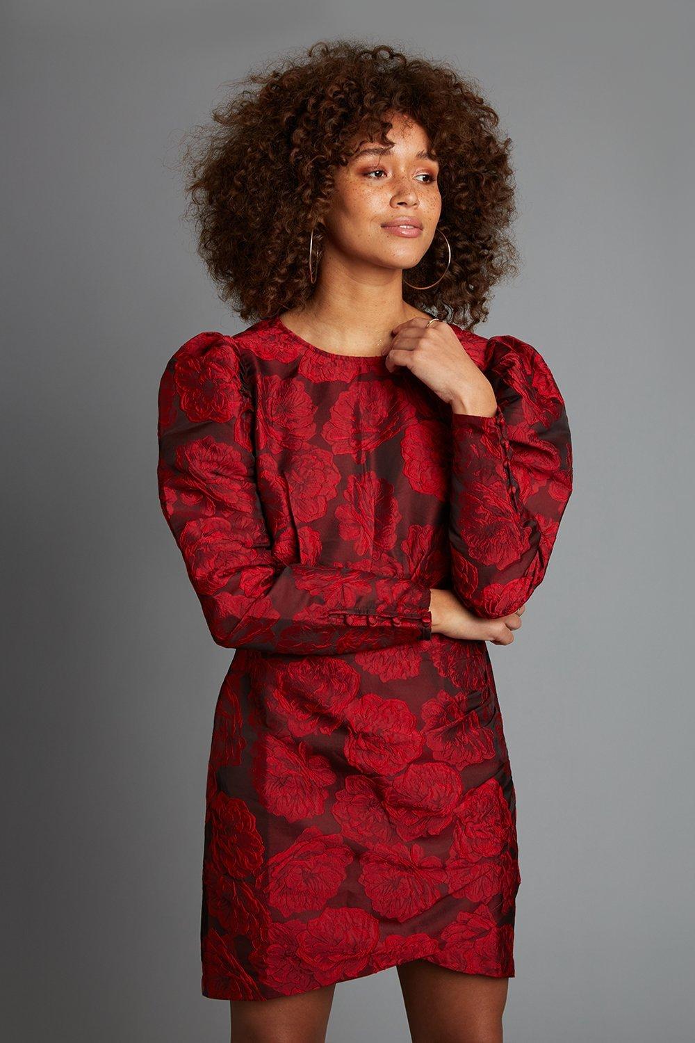 Red Satin Jacquard Wrap Dress Mini | Dorothy Perkins EU